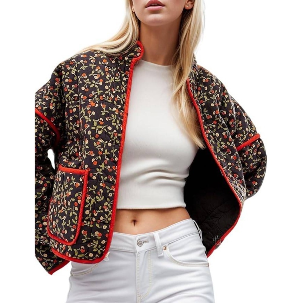 Quilted Cherry Print Jacket Red Trim Collared Buttonless Womens Size M-Preloved